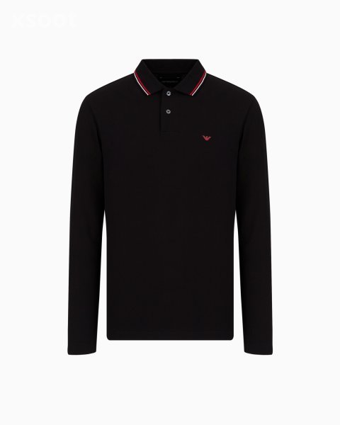 Long-sleeved stretch piqué polo shirt with micro eagle embroidery