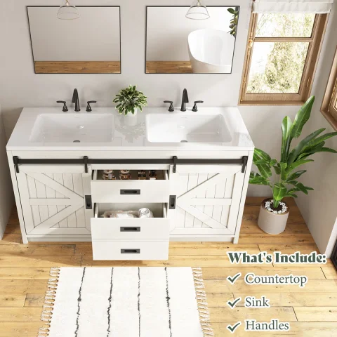 Chimira 60" Double Sink Bathroom Vanity With Sink Combo Set With 2 Drawers & Doors,White
