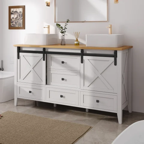 60" Farmhouse Bathroom Vanity With Double Sink, 2 Sliding Barn Doors & 5 Drawers