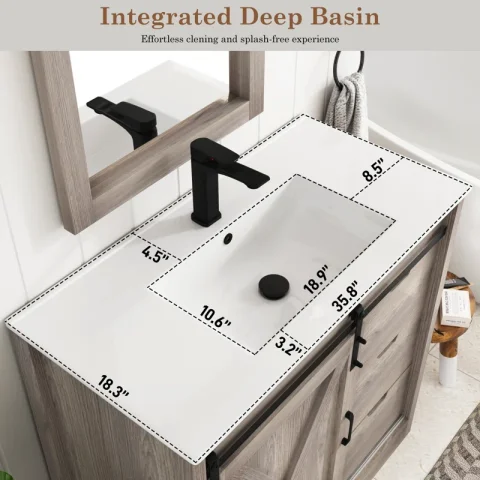 Bathroom Vanity With Sink, Faucet, Mirror, Sliding Barn Door, And Drawers