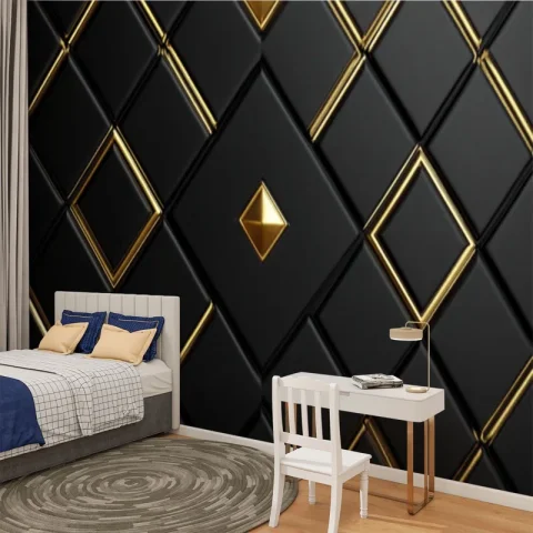 Gold Lines Black Interlocking Squares Diamonds Wall Art Self