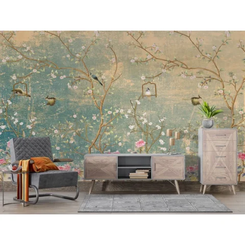 Vintage Chinoiserie on Grunge Peel and Stick Wallpaper Mural